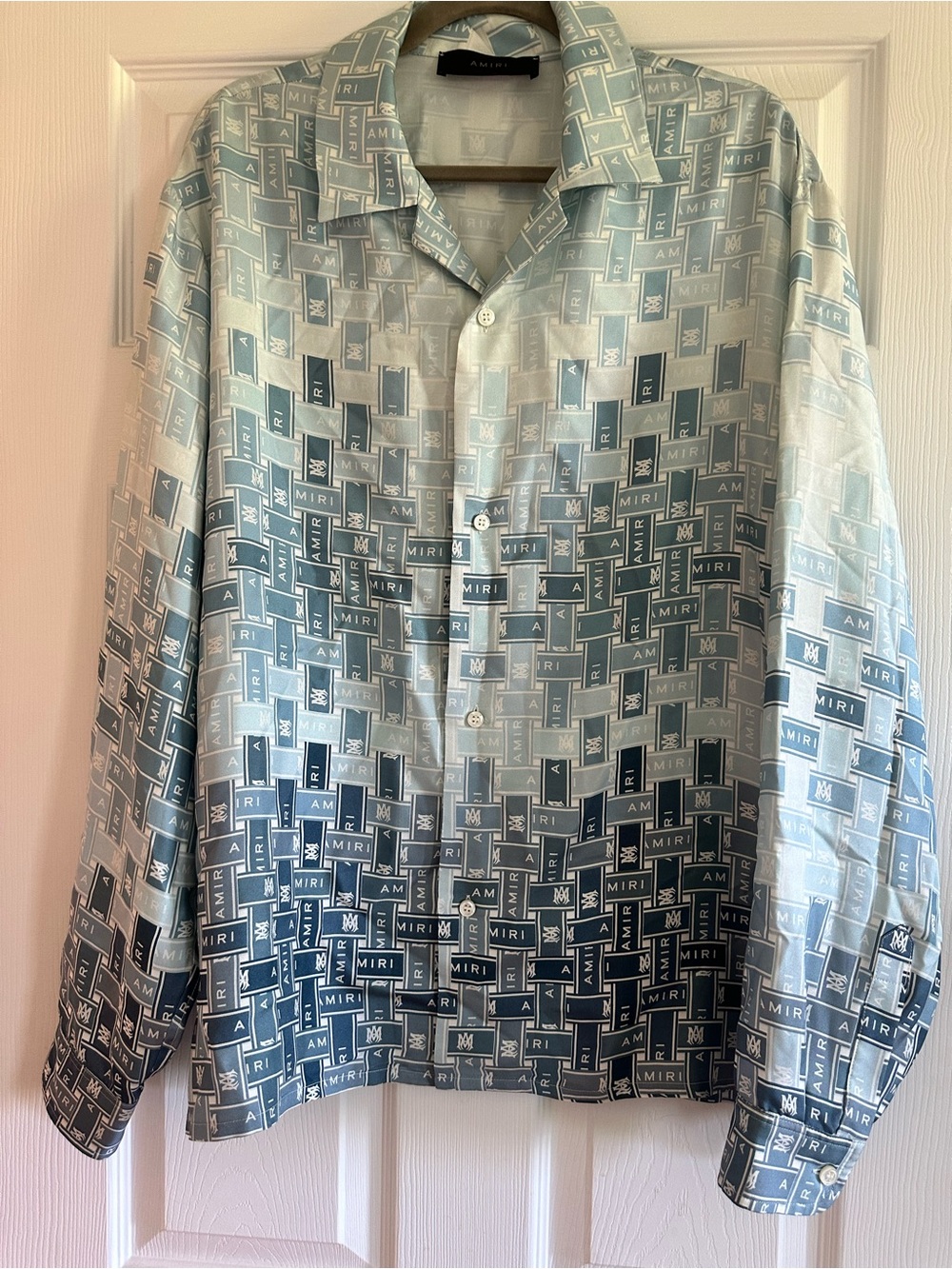 Amiri Men's Gradient Logo Silk-Blend Shirt  - Light Blue/Navy